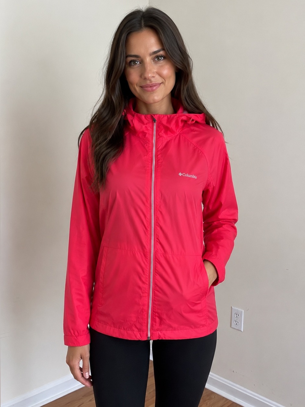 Columbia Women’s Lightweight Water-Resistant Hooded Windbreaker Jacket Pink Sz L